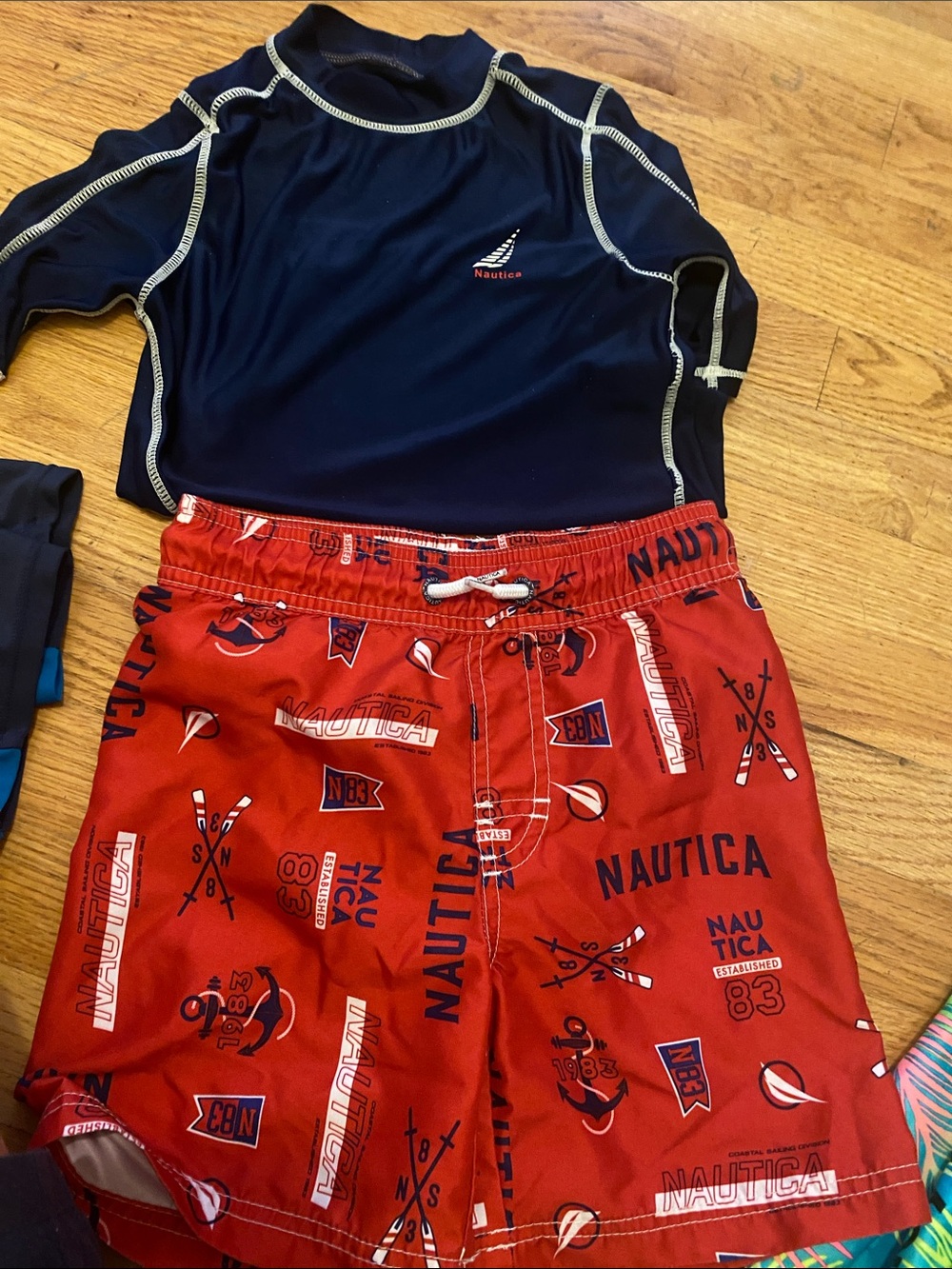 Nautica Navy Rash Guard with Red Nautica Logo Swim Shorts